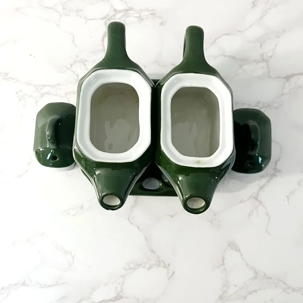 Vintage Lidded Shenango China Oil & Vinegar Cruet Set with Tray Forest Green